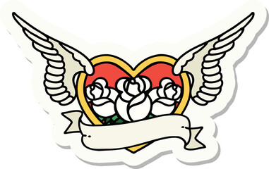 tattoo style sticker of a flying heart with flowers and banner