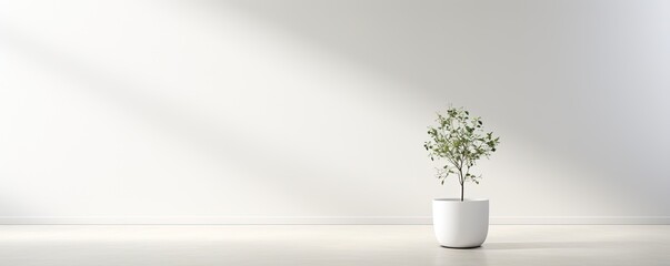 A single white flowerpot bursting with life sits in a pristinely white room, providing a spark of beauty and life amidst the stark stillness of the walls and
