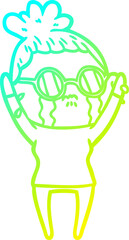 cold gradient line drawing cartoon crying woman wearing spectacles