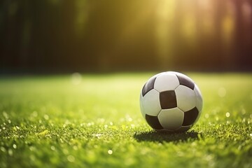 A soccer ball on the green grass of a football field on a sunny summer day. 