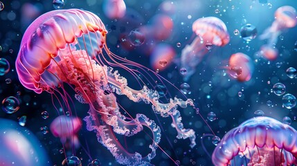 Vibrant jellyfish floating in deep blue ocean waters, marine life ecosystem, underwater photography for educational use. AI