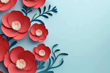 Paper cut red flowers on blue background. Floral banner, poster, template with copy space. 