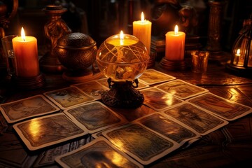 Fototapeta na wymiar Tarot cards on the table with burning candles, fortune-telling in a mysterious atmosphere.