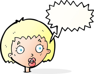 cartoon surprised female face with speech bubble