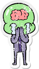 distressed sticker of a cartoon big brain alien crying