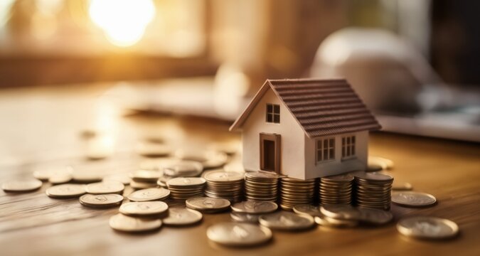  A miniature home amidst a pile of coins, symbolizing wealth and prosperity
