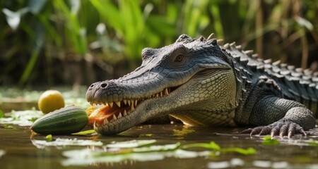 Obraz premium Crocodile's fierce gaze in the wild