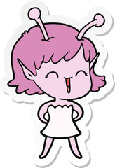 sticker of a cartoon alien girl laughing