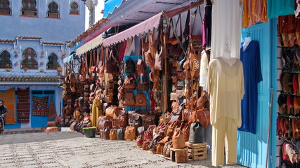 Obraz premium Leather shops in the medina, in Chefchaouen, Morocco