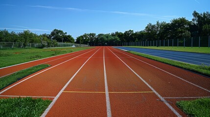 A deserted athletic running track basks in the sunlight, with vibrant red lanes ready for runners, surrounded by lush green grass and a clear blue sky.