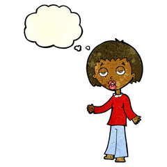 cartoon tired woman with thought bubble