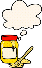 cartoon jar of honey and thought bubble in comic book style