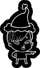 cartoon icon of a surprised girl pointing wearing santa hat