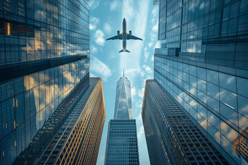 Bottom view of an Airplane flying over a modern skyscraper. Business travel and transportation...