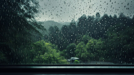 The Serene Symphony of Steady Downpour: An Intimate Perspective of Raindrops on Window Panes Amidst a Stormy Day