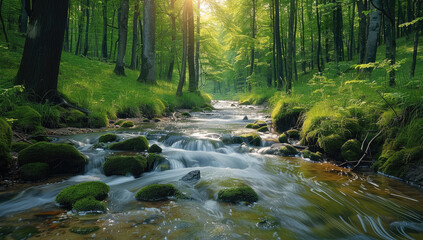 Stream flowing in green forest, colorful landscapes, light. Generative AI.