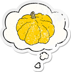 cartoon squash and thought bubble as a distressed worn sticker