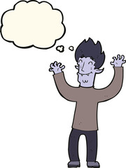 cartoon happy vampire man with thought bubble