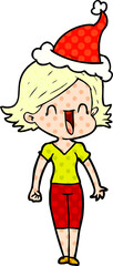 comic book style illustration of a happy woman wearing santa hat