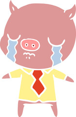 flat color style cartoon pig crying wearing shirt and tie