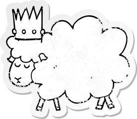 distressed sticker of a cartoon sheep wearing crown