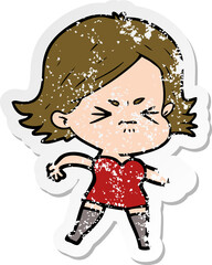 distressed sticker of a cartoon angry girl