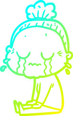 cold gradient line drawing cartoon crying old lady