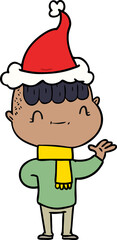 line drawing of a friendly boy wearing santa hat