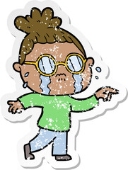distressed sticker of a cartoon crying woman wearing spectacles