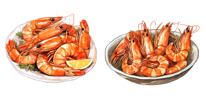  set of two clipart shrimp on a plate, watercolor illustration on transparent background, sea food 