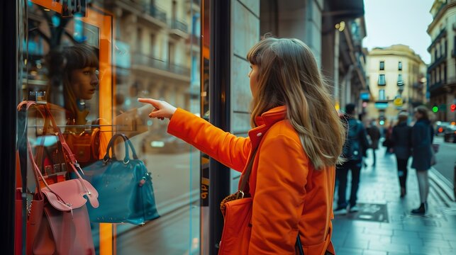 Woman in orange jacket looking at store window display. casual urban scene captures everyday life in the city. street photography with a focus on consumerism. AI