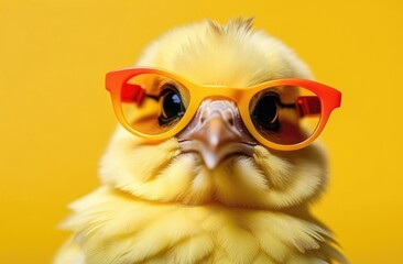 Yellow funny surprised little baby chicken with red, yellow glasses on yellow background. The concept of vision.