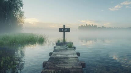 Early morning mist over a calm lake with an old wooden dock featuring a motivational Go sign amidst tranquil nature.