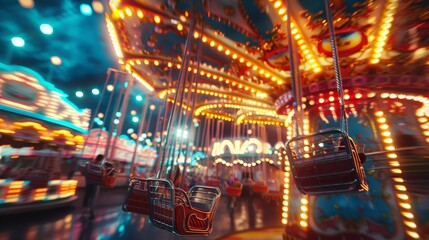 A dynamic night scene capturing the motion of a brightly lit carousel ride, with a focus on the swinging chairs.