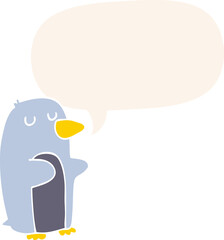 cartoon penguin and speech bubble in retro style