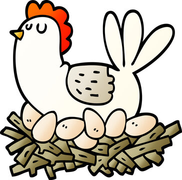 vector gradient illustration cartoon chicken on nest of eggs