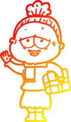 warm gradient line drawing cartoon happy old lady