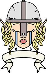 crying elf fighter character face with banner illustration