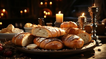 The photograph shows a variety of appetizing breads on a rustic wooden platter.
