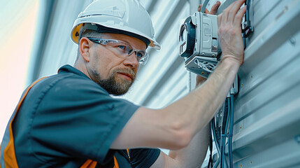 Professional technician installing security cameras on the exterior of a corporate building. Generative AI.