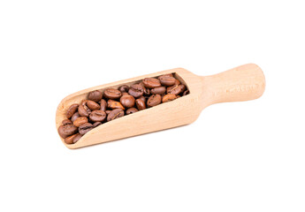 Roasted coffee in a wooden scoop isolate