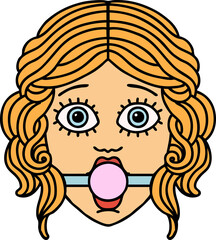 traditional tattoo of female face with ball gag