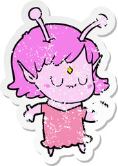 distressed sticker of a cartoon alien girl dancing