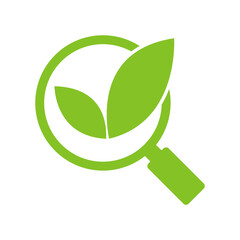 Magnifying glass icon with green leaf. Illustration