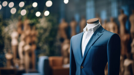 dark blue suit on a mannequin in a luxury store, banner, copy space