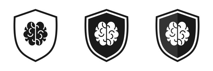Set of shield icons with brains. illustration