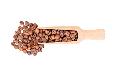 Roasted coffee in a wooden scoop isolate