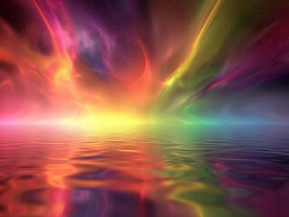 A colorful, swirling sky with a rainbow and stars