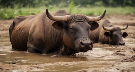  Wild bulls crossing a muddy river