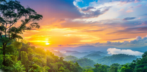 A beautiful sunset over a lush green forest with mountains in the background